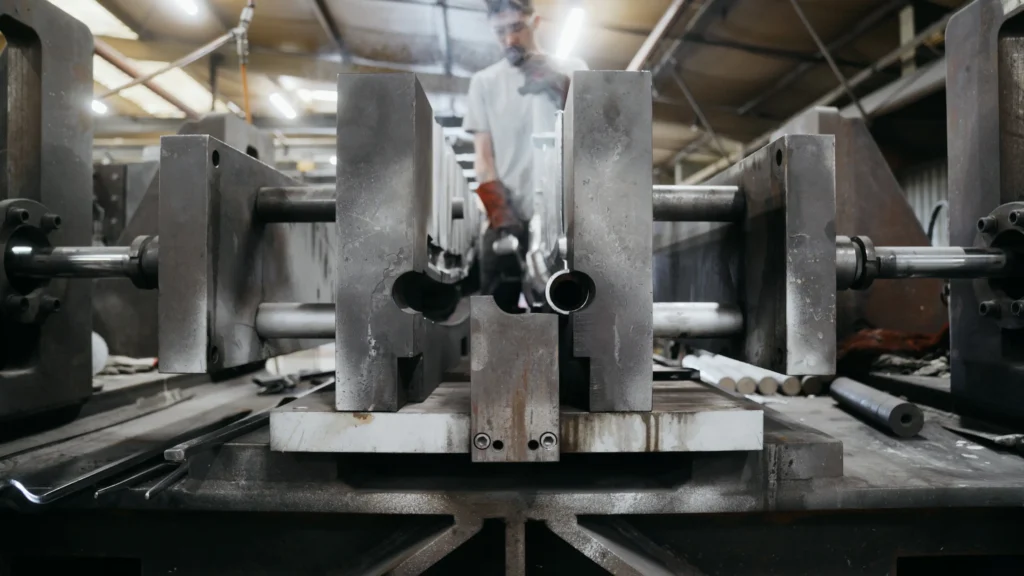 Opérateur devant une coquille métallique de moulage montée sur sa machine en fonderie