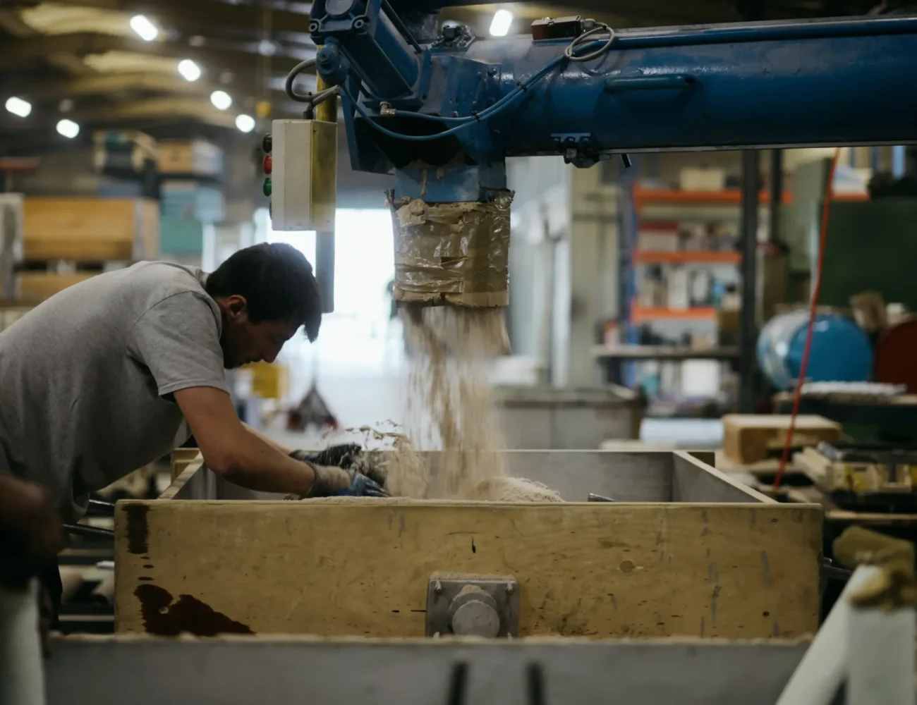 Mouleur tamisant et préparant le sable dans un châssis à l'atelier de fonderie aluminium