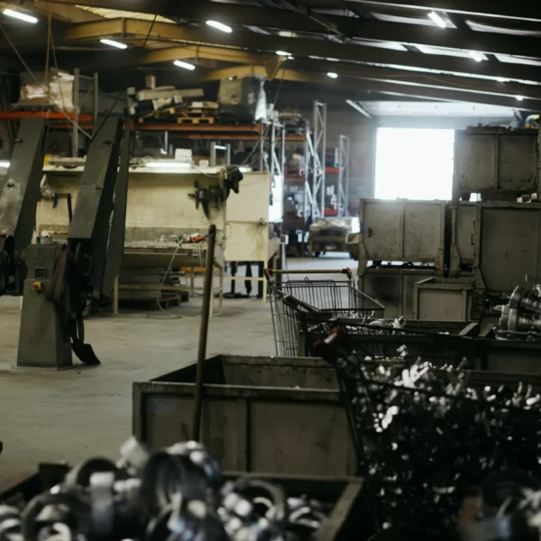 Perspective de l'atelier de fonderie avec pièces sur palettes et postes de production